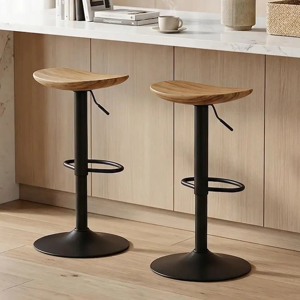 Kidol & Shellder Barhocker 2er Set Esszimmerstühle Hellbraun, Massivholz Höhenverstellbar 360° Drehbar, Schwarz Stabiler Metallsockel Einfach zu Montieren, Industrielles Modernes Zuhause Küchentheke…