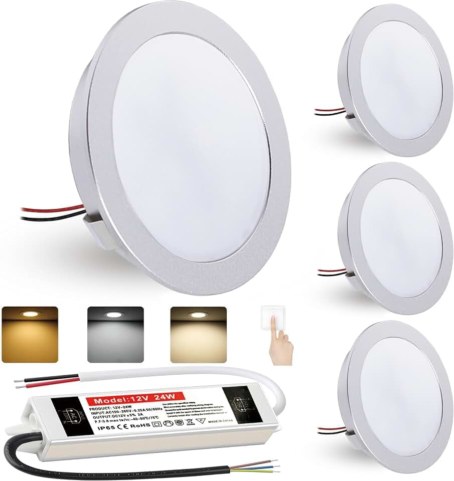 LED Einbaustrahler 4W Warmweiß Neutralweiß Kaltweiß Led Spot 12V Dimmbar einbaustrahler LED Lochmaß 60mm und 12mm Flach,IP44 Deckenspot Einbauspots für Wohnwagen Küche,mit 230V trafo,4er set (Silber)