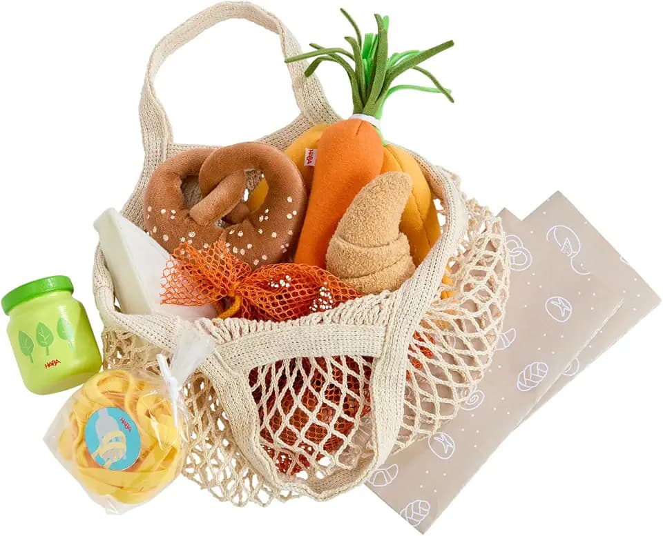 HABA Creative Play – Einkaufskorb – Spielzeug-Einkaufstasche mit Lebensmitteln aus Holz & Stoff – Zubehör für Kaufladen & Spielküche, für Kinder ab 3 Jahren – 2012304001