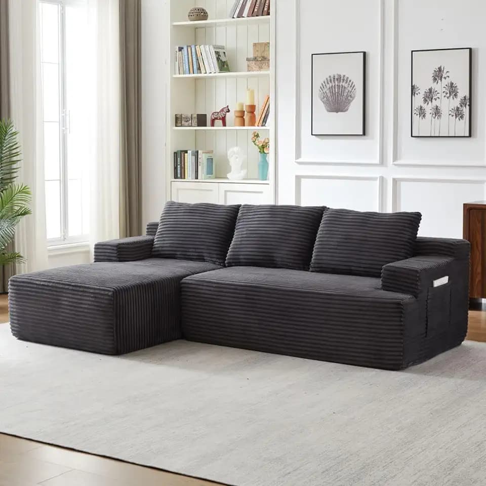 96" L Shaped Sectional Sofa Boneless Cloud Couch for Living Room - Corduroy Memory Foam Modular Sofa Compression Couches with Deep Seat for Living Room Bedroom, No Assembly