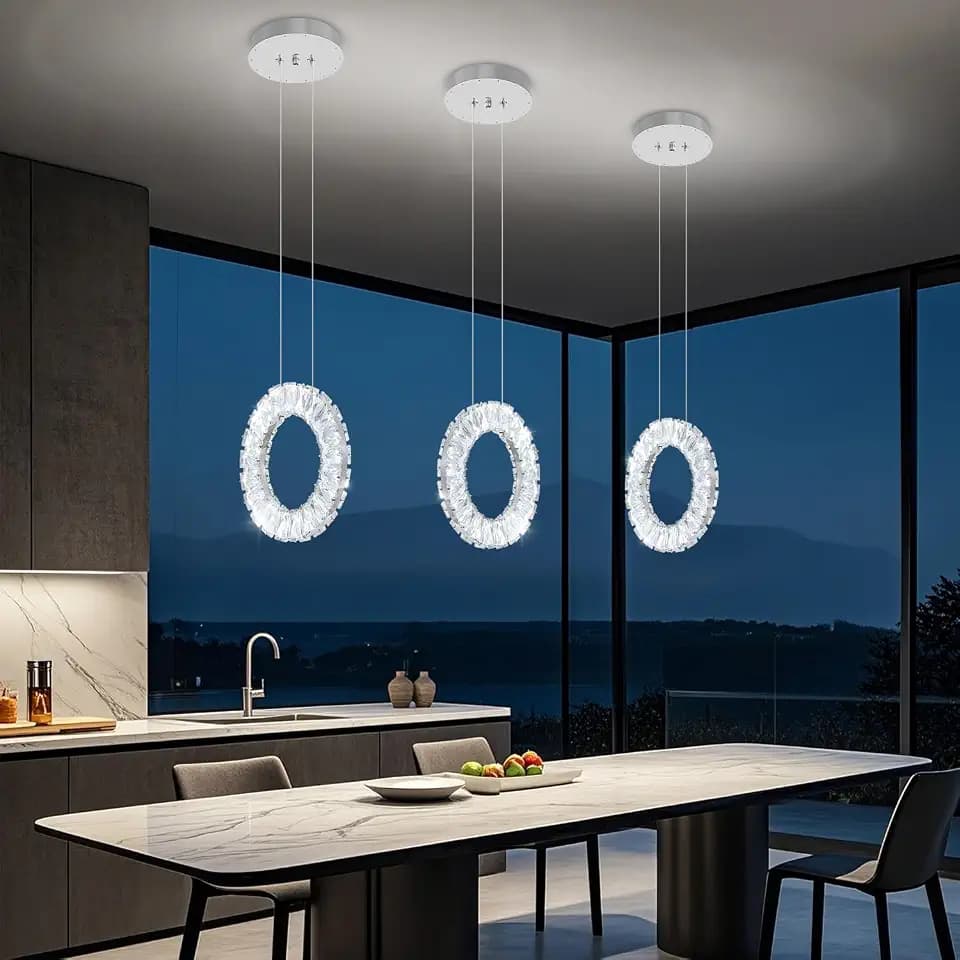 1-Light Pendant Lights Kitchen Island LED Dimmable Modern Kitchen Island Lights Crystal Ring Chandelier for Dining Room Bedroom Bar Silver Ring Hanging Light Fixture