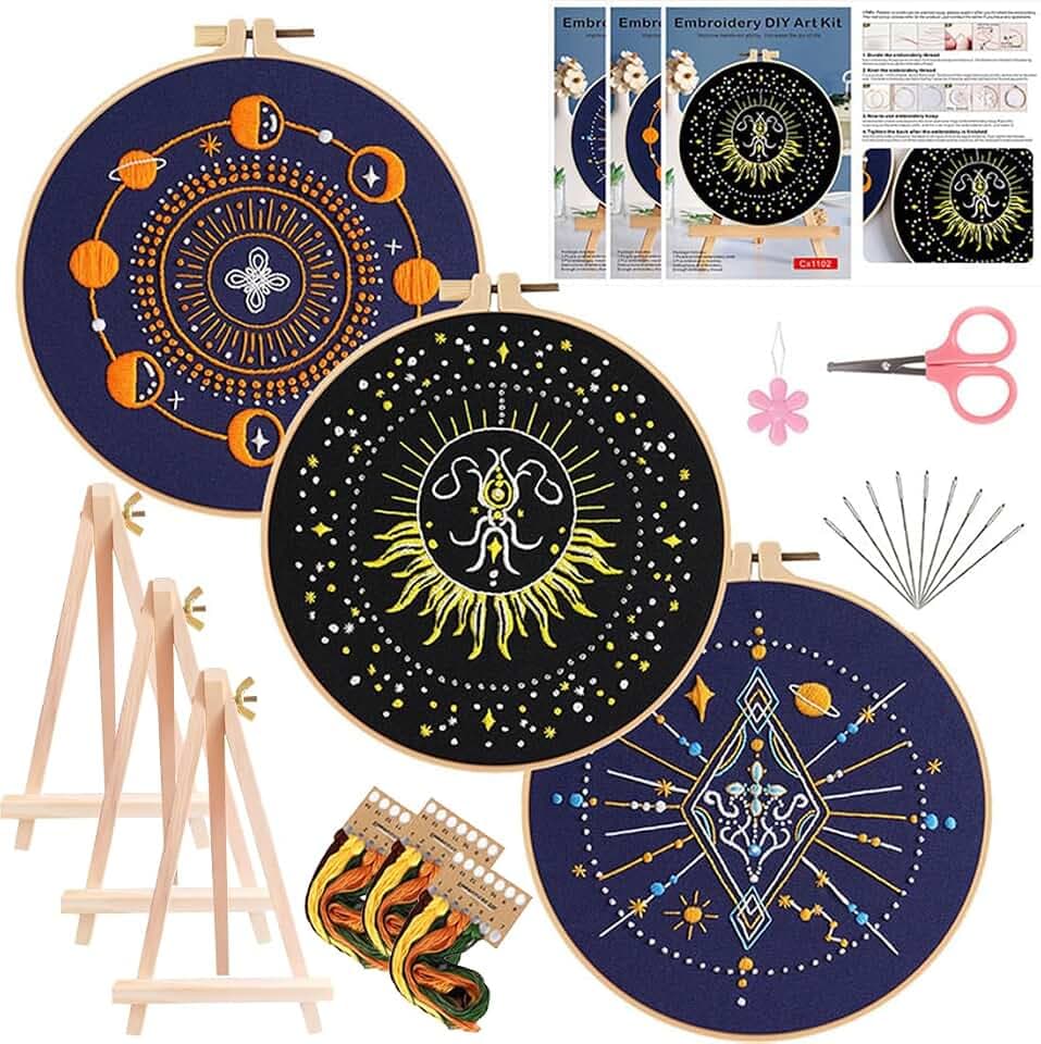Qupace 3 Pcs Halloween Black Celestial Embroidery Kit, Star Moon Hand Embroidery Set with Bamboo Hoop, DIY Boho Cosmic Craft Supplies for Wall Decor Gift