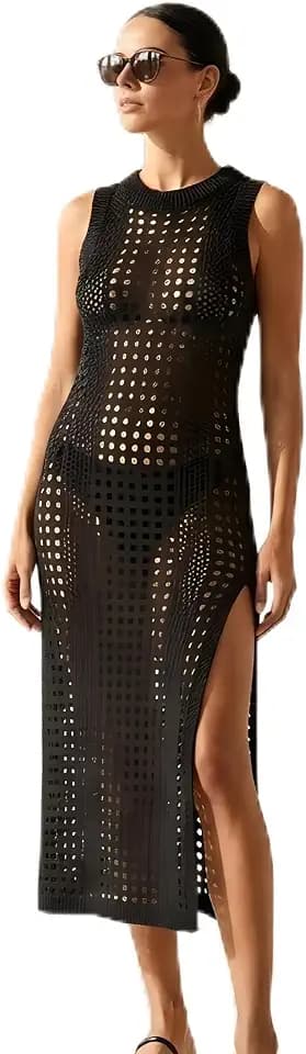 Spandex/ Nylon Slit Crochet Dress for Women, Swim Wear Cover Up, Free Size