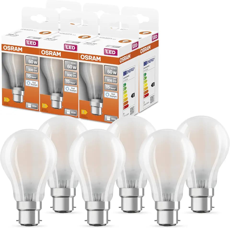 Osram LED Star Classic A60 LED Lampe für B22d Sockel, Birnenform, GL FR, 806 Lumen, tageslichtweiß (6500K), Ersatz für herkömmliche 60W Glühbirnen, nicht dimmbar, 6er-Pack