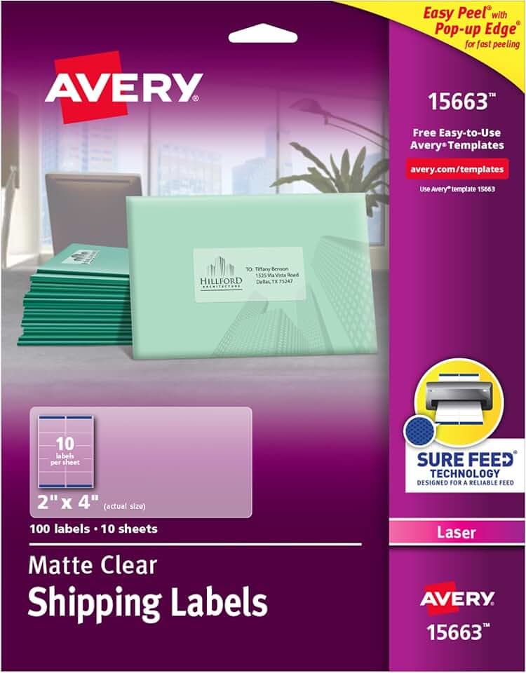 Avery Printable Shipping Labels with Sure Feed, 2" x 4", Matte Clear, 100 Blank Mailing Labels (15663)
