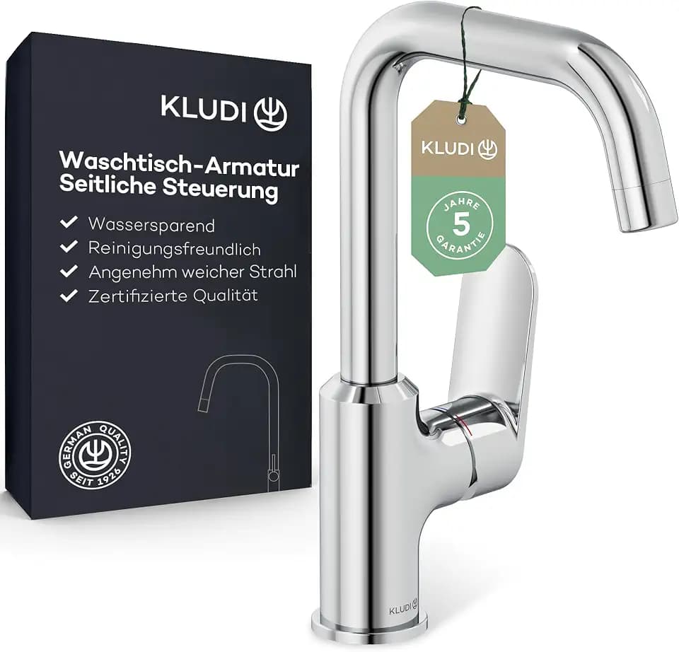 KLUDI-X1 Waschtischarmatur, 360° schwenkbar, Auslaufhöhe 205 mm, wassersparender Wasserhahn Bad Größe L, Keramikkartusche, Mischbatterie Waschbecken inkl. Anschlussschläuche in Chrom