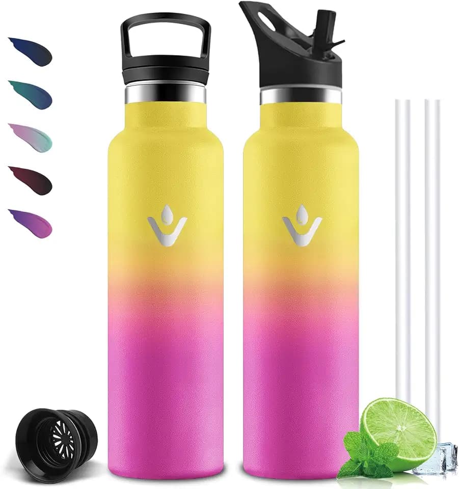 Thermosflasche- 1l- Trinkflasche Edelstahl, BPA-Frei, Trinkflasche mit Strohhalm, Auslaufsicher, Isolierflasche Doppelwandig, Wasserflasche für Fitness, Camping, Reisen, Wandern