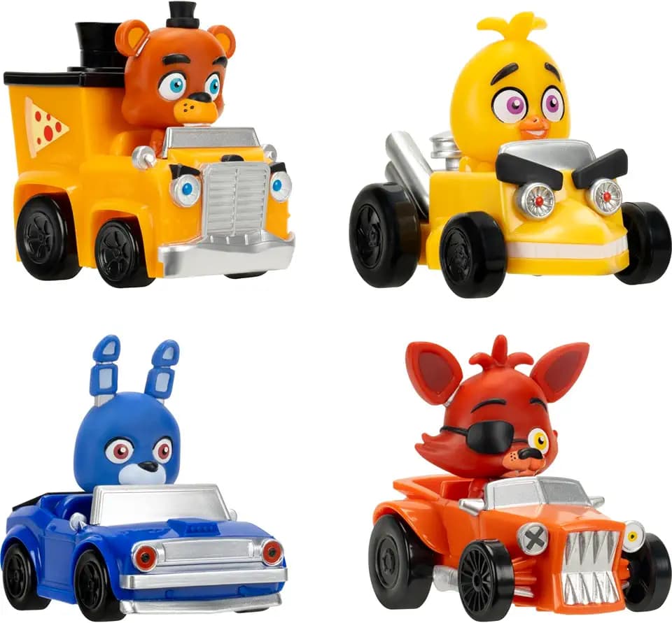 Jazwares Five Nights at Freddy’s Classic Freddy Racers - 4-Pack of 2-Inch Stylized Vehicles with Freewheels and Built-in Drivers
