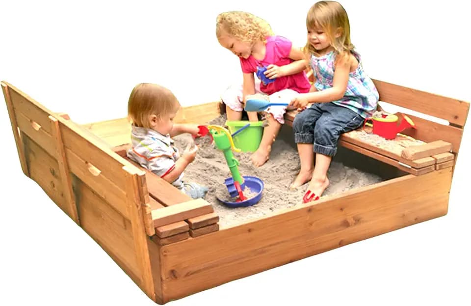 Badger Basket Cedar Sandbox with Lid & Benches - Outdoor Wooden Sandbox for Kids with Folding Cover - Large Backyard Playset (46.5 x 46.5 x 9.5)