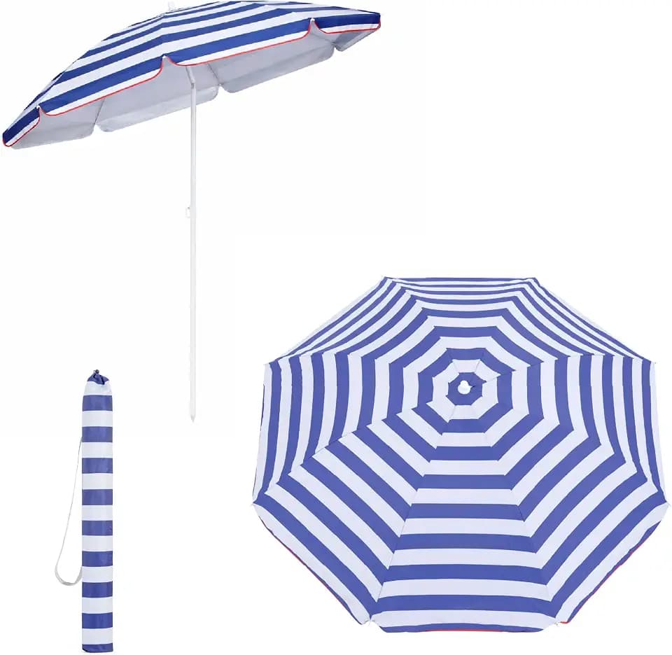 Yello Sonnenschirm, UV 40, 1,6 m, Sonnenschutz für Strand/Garten, blau gestreift