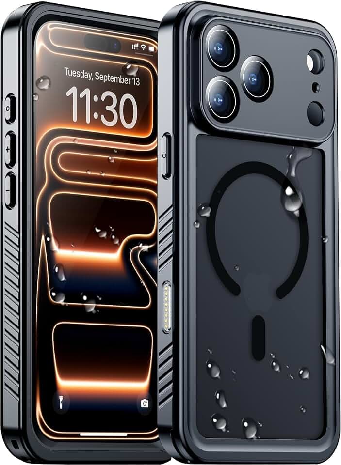 Temdan Magnetic Compatible with iPhone 17 Pro Max Case,Waterproof Built-in Screen & Camera Protector IP68 Underwater Full Body Military Dropproof Translucent Matte Phone Case 6.9"-Mag/Black