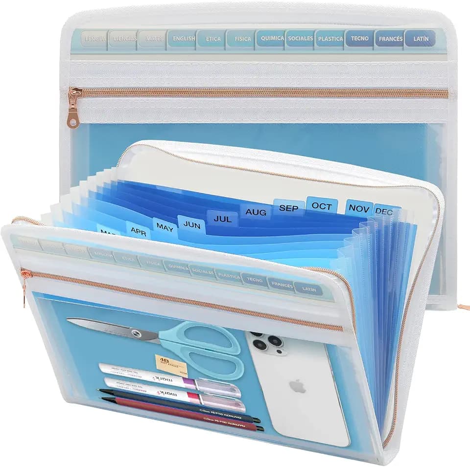 Mukawa 13 Pocket Zippered Expanding File, Zippered Accordion File Organizer, Accordion Folder with Zipper for Documents Letter Size A4 Papers (Blue)