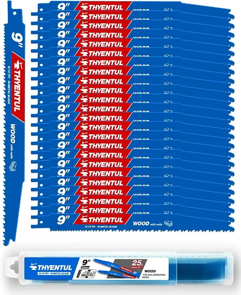 25 Pack 9 in Stud and Nail Sawzall Blades,Demo Demon Bi-Metal Demolition Reciprocating Saw Blade for Nail-Embedded Wood Cutting, Garden Pruning, Tree Trimming（6/12TPI）