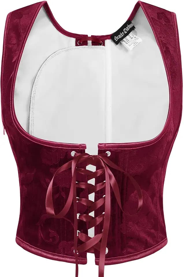 SCARLET DARKNESS Korsett Damen Mittelalter Wikinger Samt Weste Retro mit Schnürung Corsett Karneval Fasching Kostüm Weinrot 46