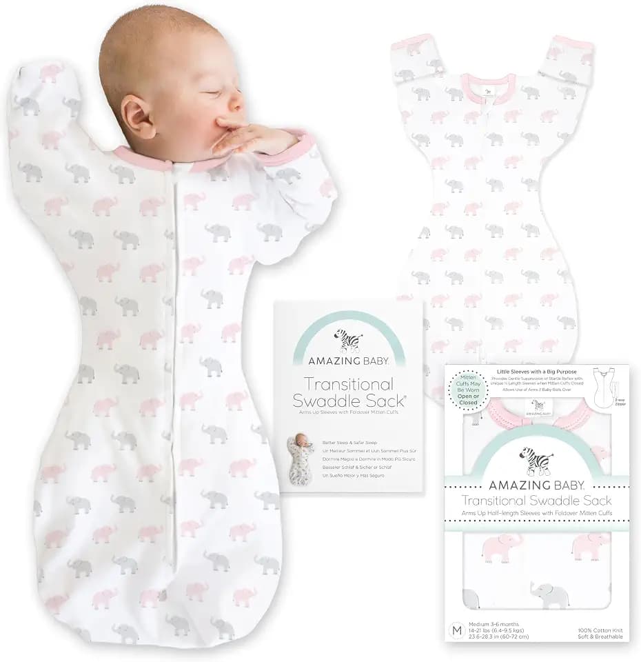Amazing Baby Transitional Swaddle Sack, Cotton, Tiny Elephants Pink, 0-3mo