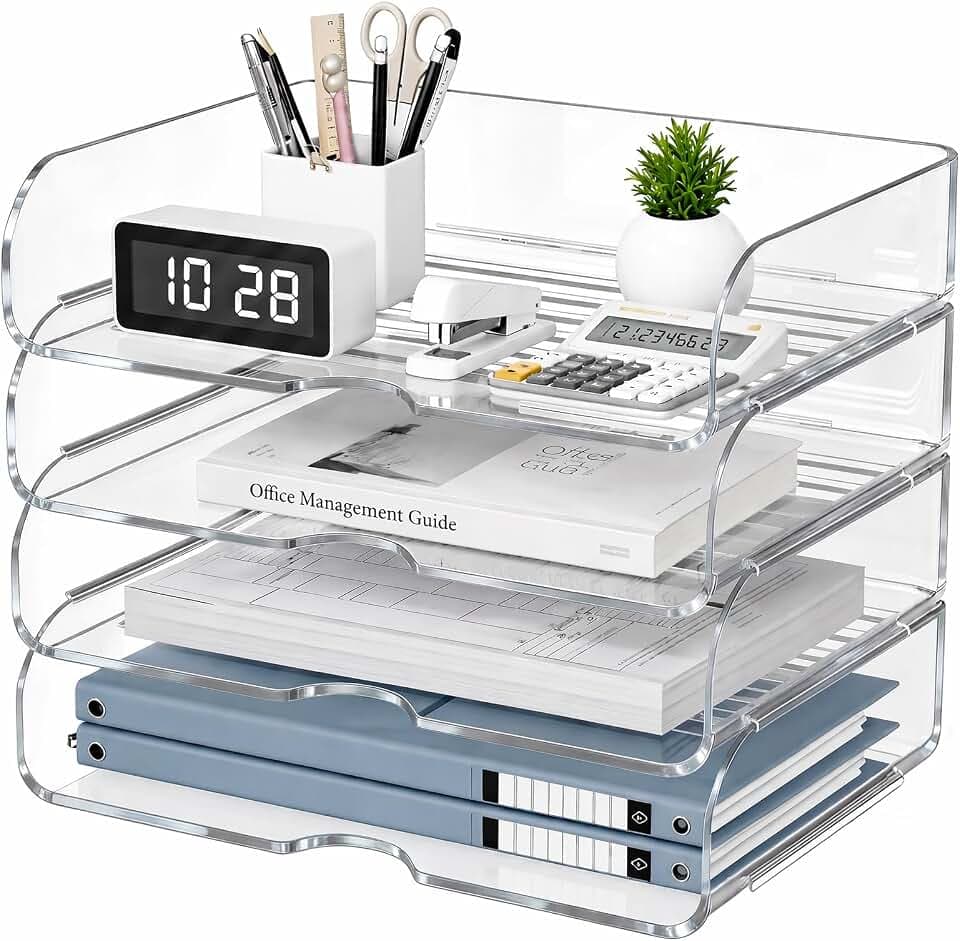 HIYOHIYO Clear Office Desk Organizer for A4 Letter Paper, 4 Tier Horizontal