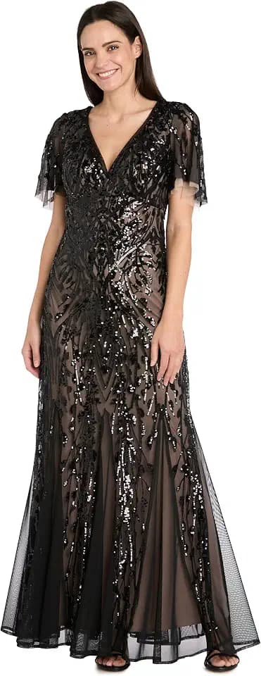 R&M Richards Women's Embellished Sequin Evening Dress with V-Neckline, Empire Waist, Flutter Sleeves for Wedding Guest