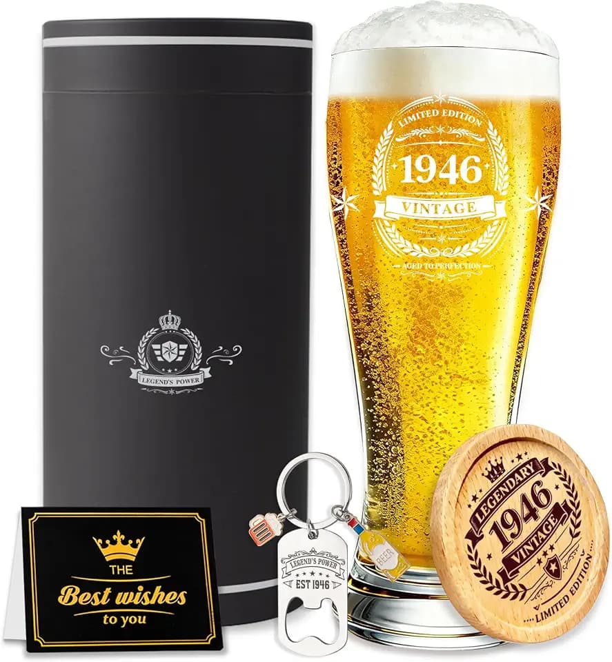 80 Geburtstag Geschenk Männer, 1946 Bierglas Gravur 570 ml, Geschenk zum 70 Geburtstag mann, Deko 80 geburtstag mann, Bier Geschenke für Männer, Flaschenöffner, Untersetzer & Karte