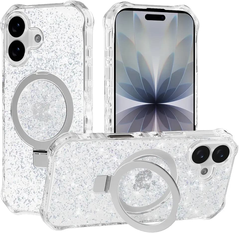Magnetic for iPhone 17 Case with Invisible Stand, Compatible with MagSafe, Clear Bling Sparkle Shockproof Slim Anti-Slip Military Drop Protection Hard Phone Case 6.3" Glitter Silver