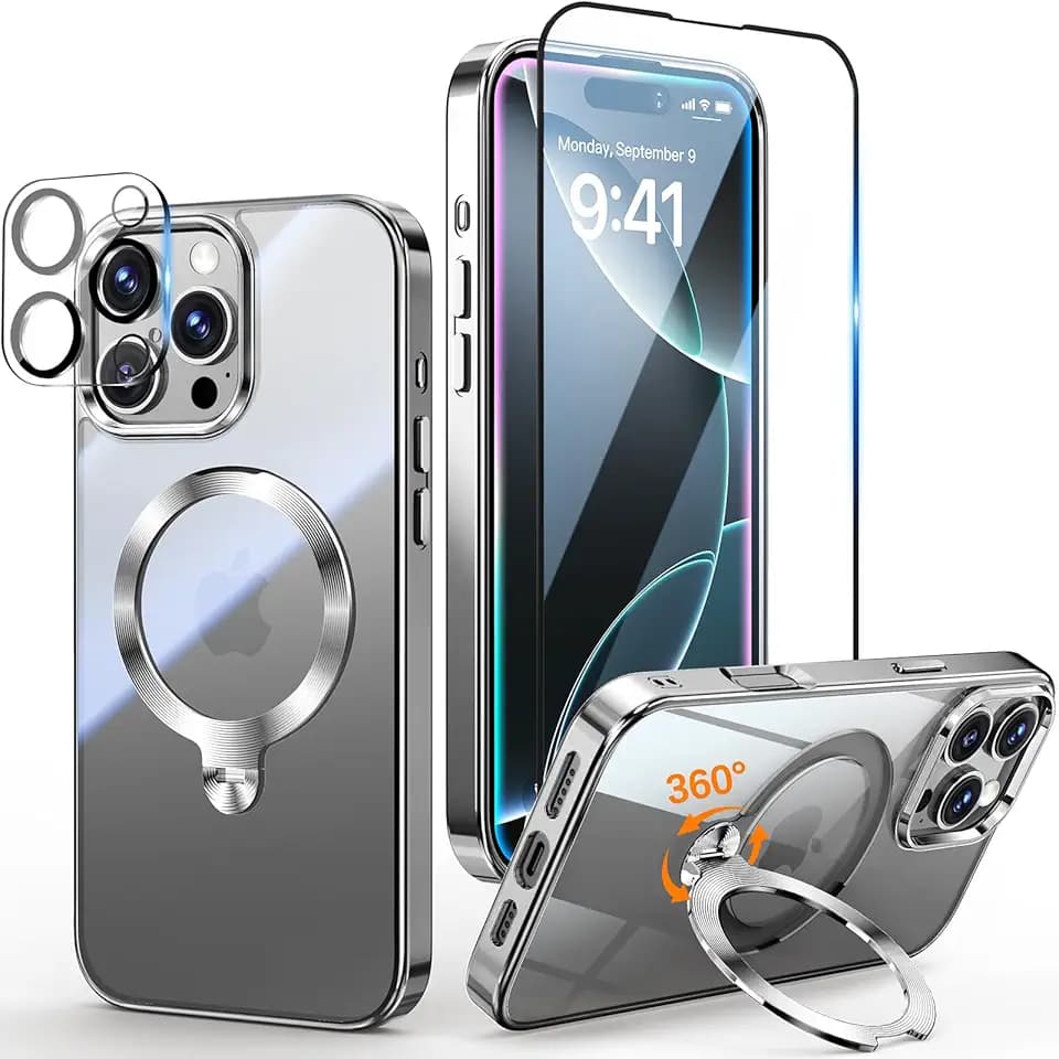 [Tri-Shield Protection] for iPhone 16 Pro Max Case with 360° Spin Stand Compatible with MagSafe [Magnetic CD Ring][Screen & Camera Protector]Shockproof Plating Never-Yellowing, Natural Titanium-6.9"
