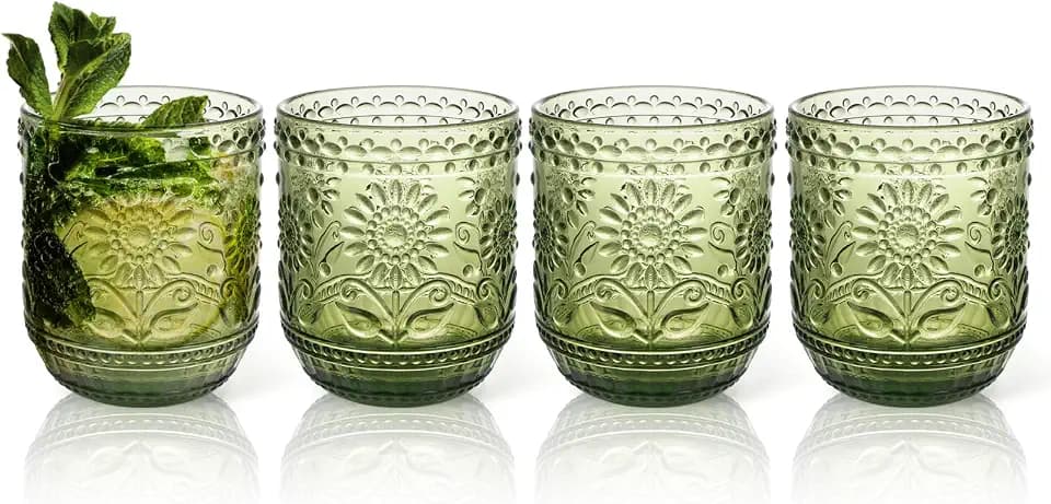 Topsky Vintage Drinking Glass Set of 4,12 oz Embossed Floral Drinkware Set,Green Drinking Glasses Cups Wine Glasses Colored Glassware for Whisky,Beer,Juice,Cocktail,Heavy Duty