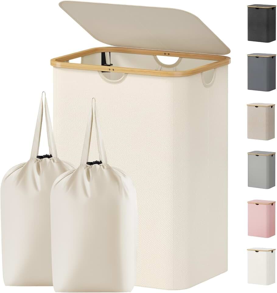 Lifewit 150L Large Laundry Basket with Lid, 2 Removable Bags, White