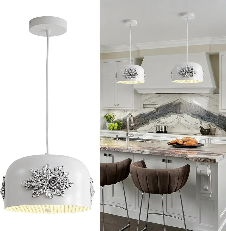 French Milk White Silver Floral Pendant light 10.2" vintage 3-Light Fixture