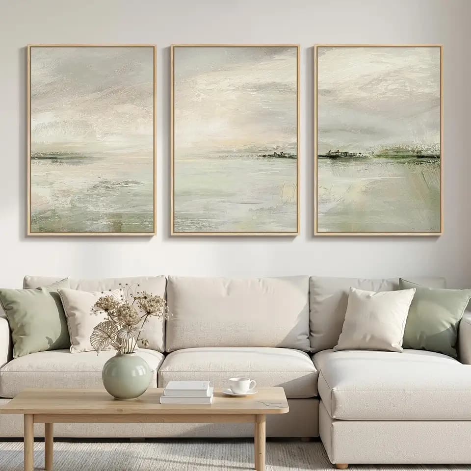 Large Framed Sage Green Abstract Landscape Wall Art for Living Room, 24x36