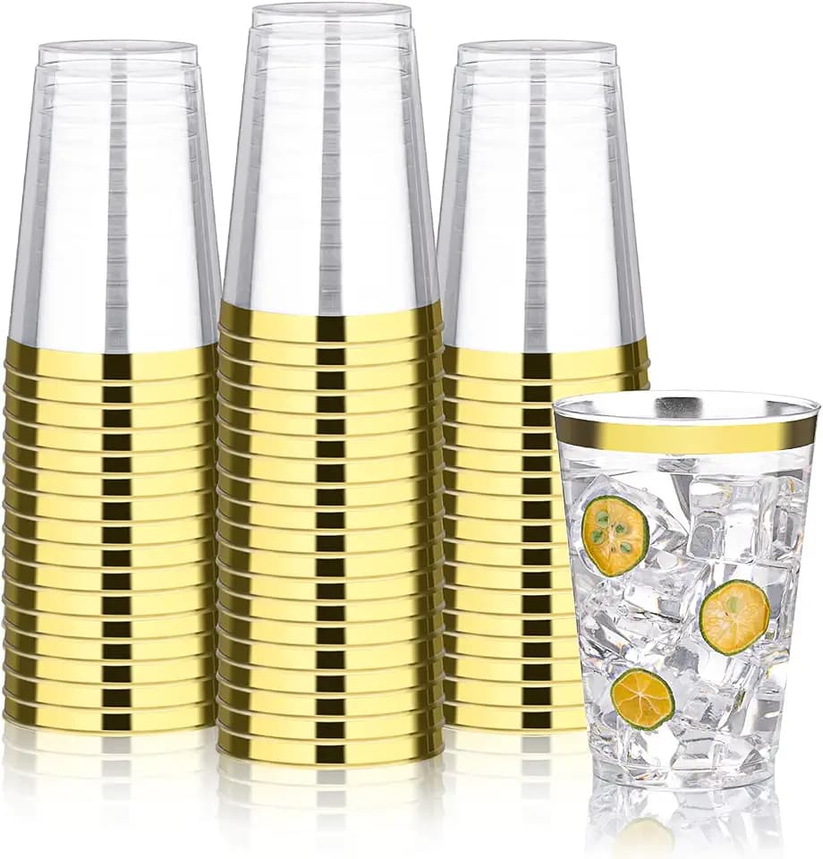 BESTVIP 12oz Gold Plastic Cups, 100 Pack Gold Rimmed Disposable Cups
