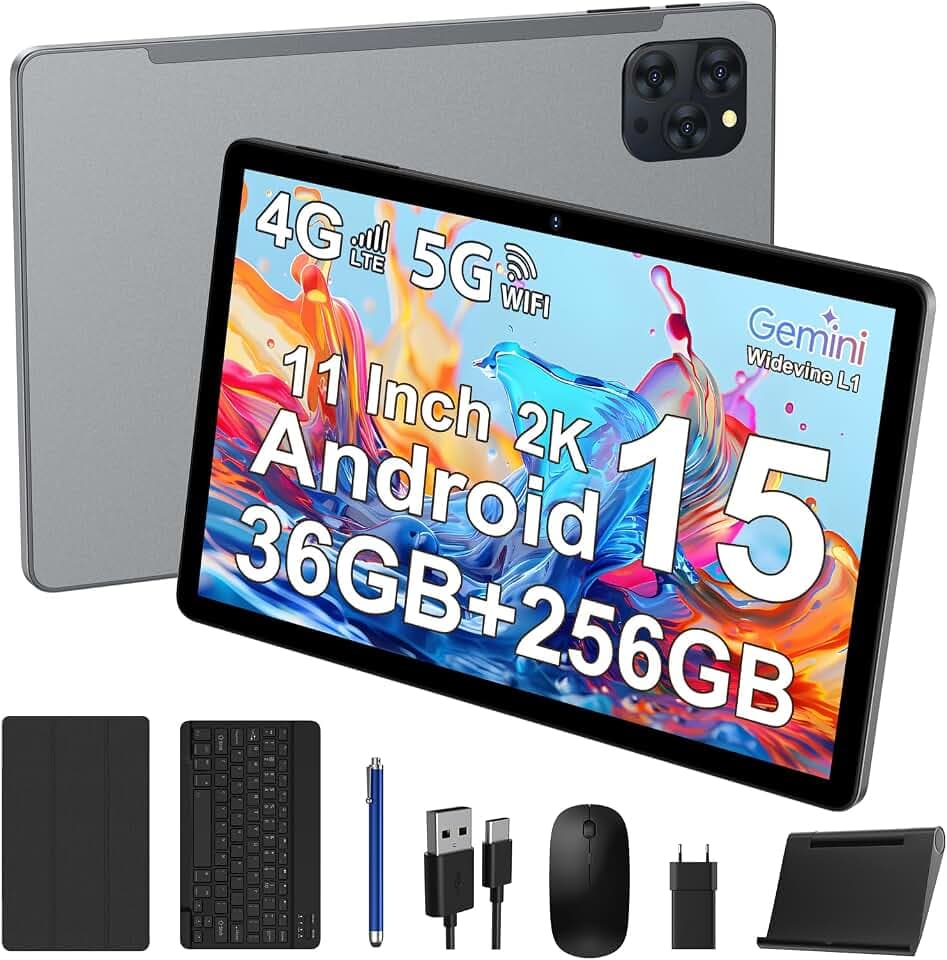 Tablet 11 Zoll Android 15 Tablet mit 4G LTE und 5G WiFi, Octa Core, 36 GB + 256 GB / 2 TB, 13 MP + 8 MP, 8000 mAh, Widevine L1/BT5.0/Face ID/OTG/GPS, Tablets mit Tastatur, Maus, Grau