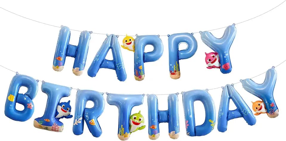 PartyWoo Baby Shark Blue Happy Birthday Banner Letter Balloons 16 Inch