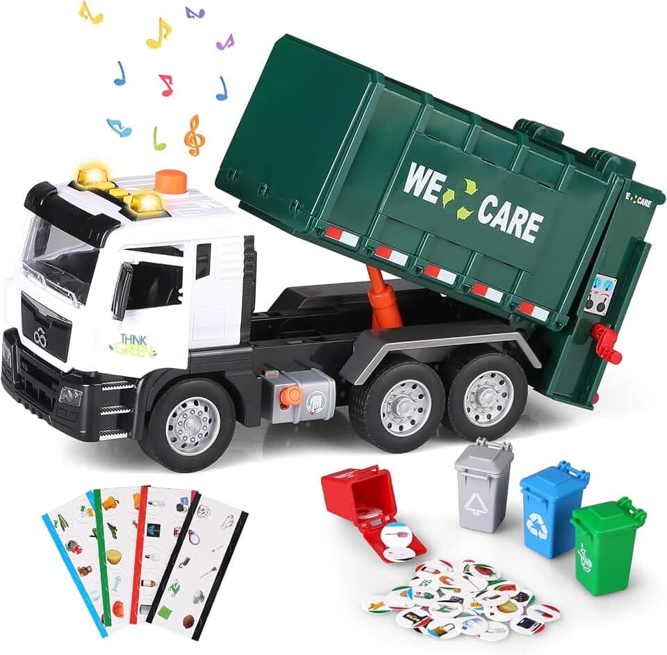 kramow Müllauto Spielzeug mit Lichtern und Sound,Spielzeug ab 4 Jahren für Jungen,Spielzeugautos Fahrzeuge Lernspielzeug für Kinder Jungen Mädchen,Grün (WY1115A) (WY1115A)