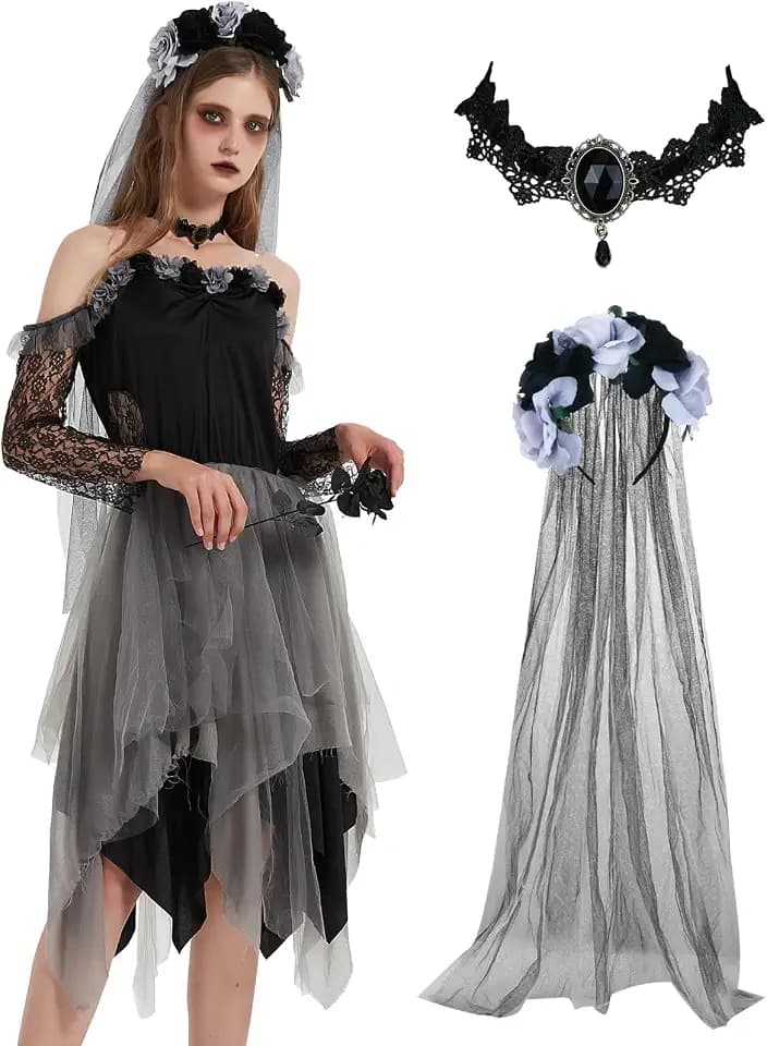 Ulikey Halloween Kostüm Zombie Braut mit Rosenschleier und Halskette