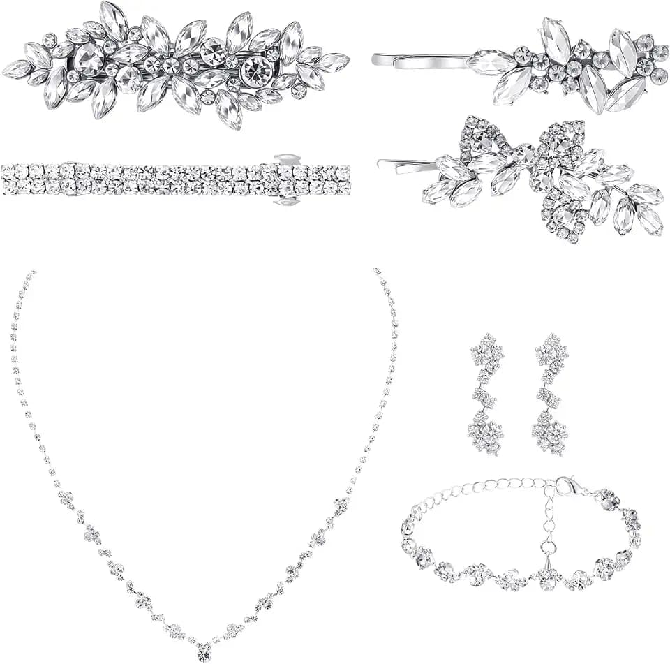 Liliaafar 8 Pcs Crystal Wedding Jewelry Set Women Silver Necklace Earrings Bracelet Hair Pins Gift for Brides Bridesmaid Wife Mother Friend Party Prom Jewelry Accessories (Rhinestone)