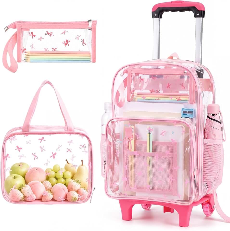 3 Pcs Pink Bow Clear Rolling Backpack Set Cute Bow Knot Transparent Backpack with Wheels Pockets, with Lunch Bag and Pencil Case for Back to School