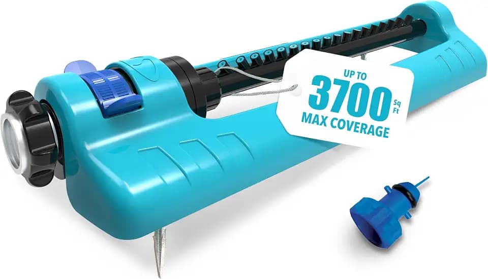 Aqua Joe Oscillating Sprinkler with Adjustable Spray, 18 Clog-Resistant Nozzles, Standard Base w/Metal Ground Spike, 3700 Square Foot Coverage