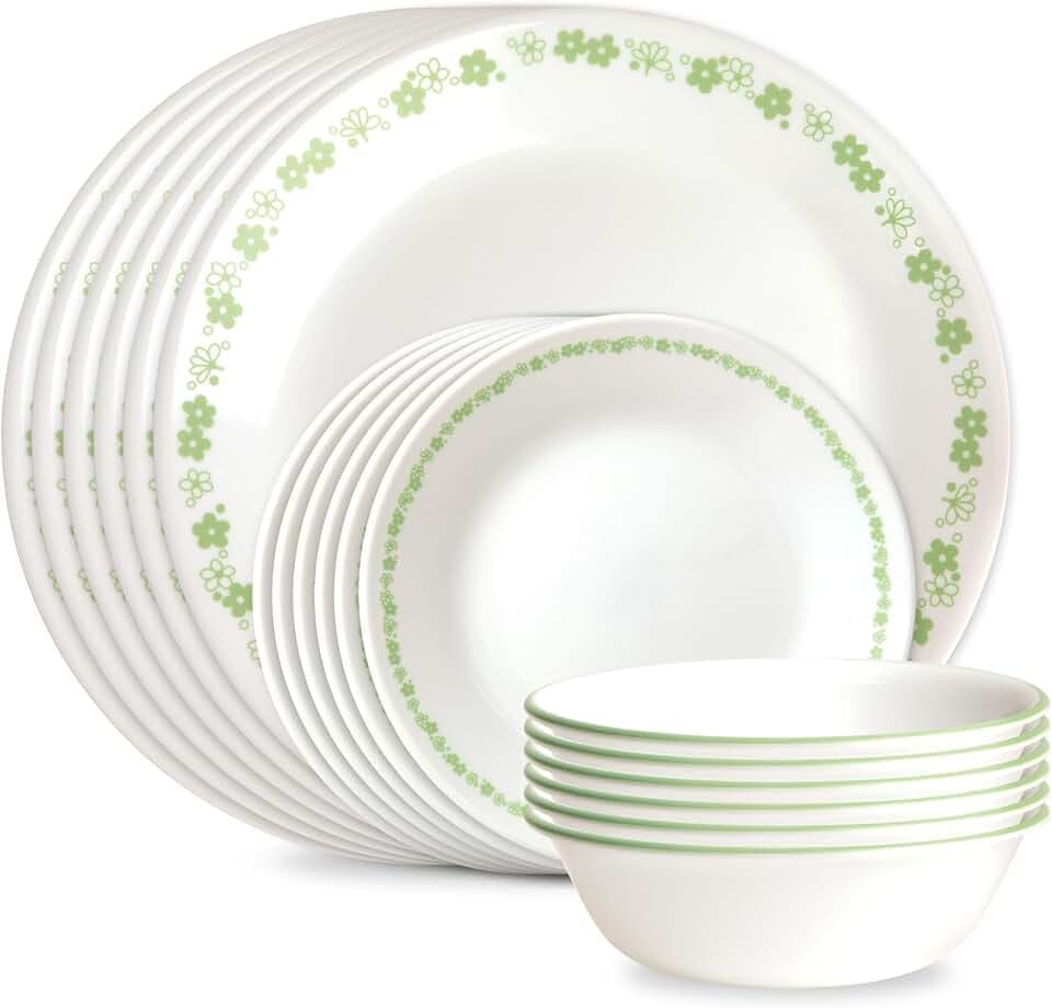 Corelle Vitrelle 18 Piece Glass Dinnerware Sets Service for 6, Triple Layer Chip & Crack Resistant Glass Plate and Bowl Sets, Spring Blossom Green
