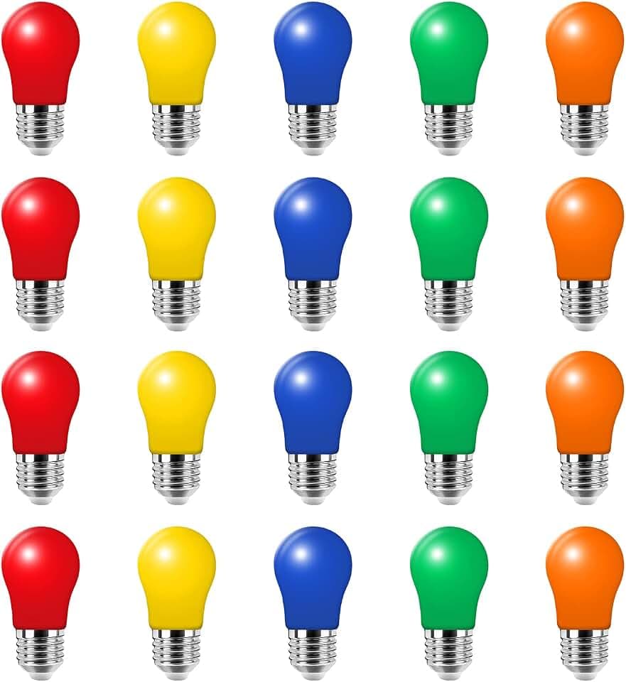 20er Pack E27 LED Bunte Glühbirnen 3W, E27 Farbige lampen außen, Dekorative LED Lampe für Party,Lichterkette,Weihnachten, 220V AC, Gemischte Farben Rot Grün Blau Gelb Orange, Kunststoff
