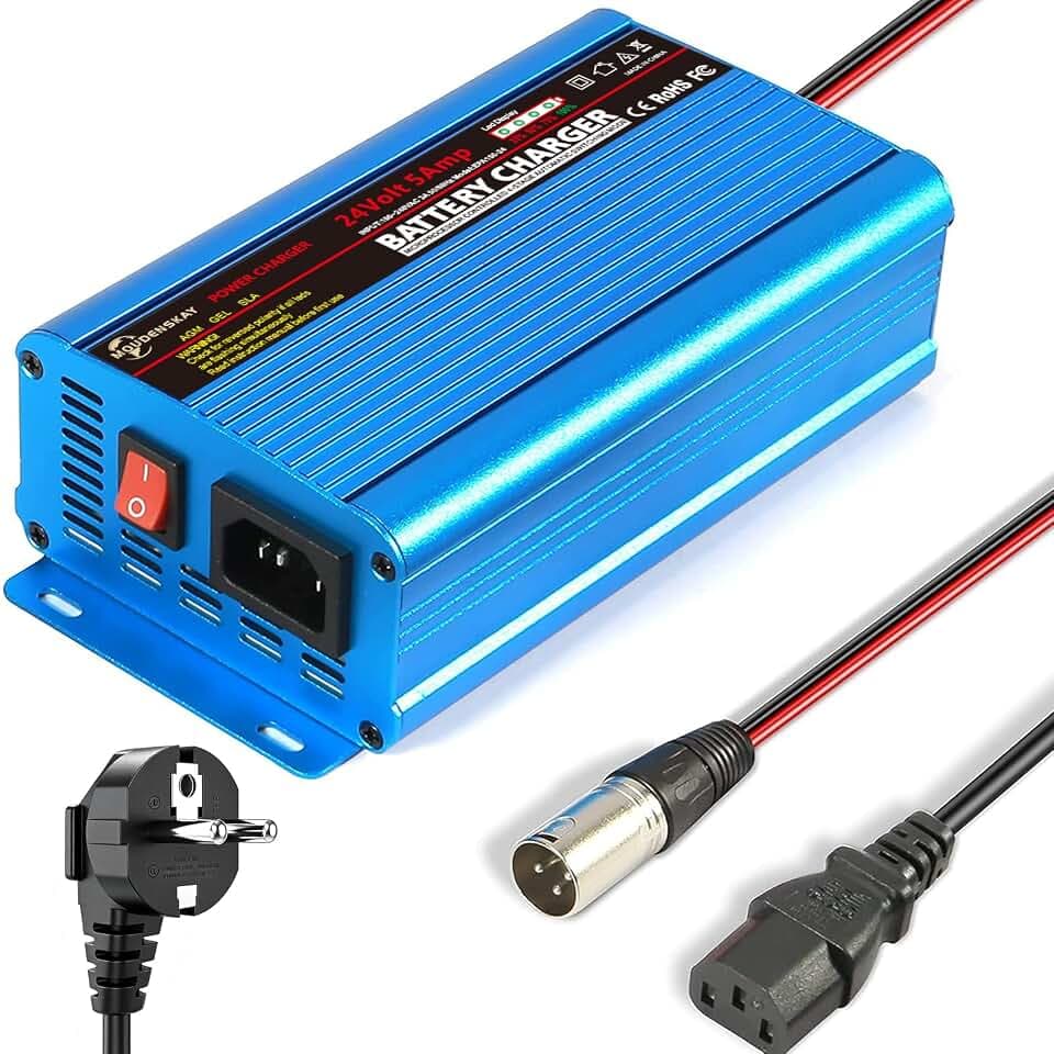 24V 5Amp Smart Automatic Battery Charger,24V Batterieladegerät Automotive Mit XLR-Anschluss für Roller Rollstuhl Auto Motorrad Erhaltungsladegerät Batteriehalter Mit dem Schalter