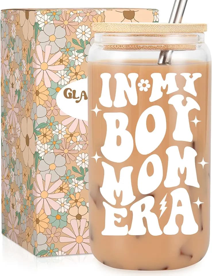 Fairy's Gift Boy Mom Era Iced Coffee Cups w/Lids Straws, Cute New Mom Gifts