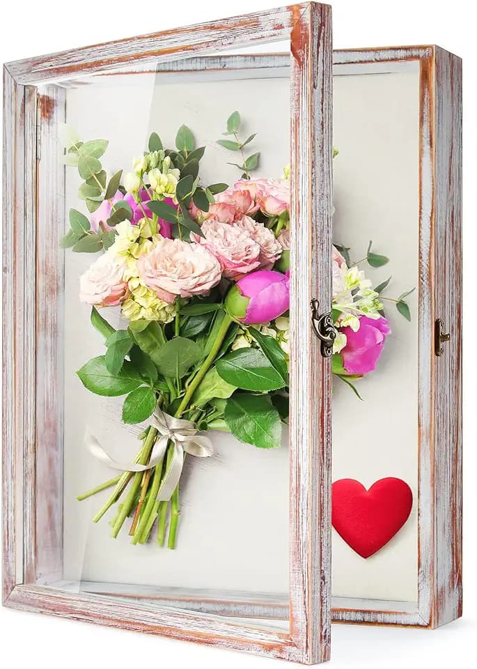 TJ.MOREE Blumen Große Schattenbox Vitrine Rahmen mit Glasfenstertür Bilderrahmen Hochzeitsstrauß Erinnerungsstücke Medaillen Fotos Erinnerungsbox für Andenken (42 x 33 cm-Weiß)