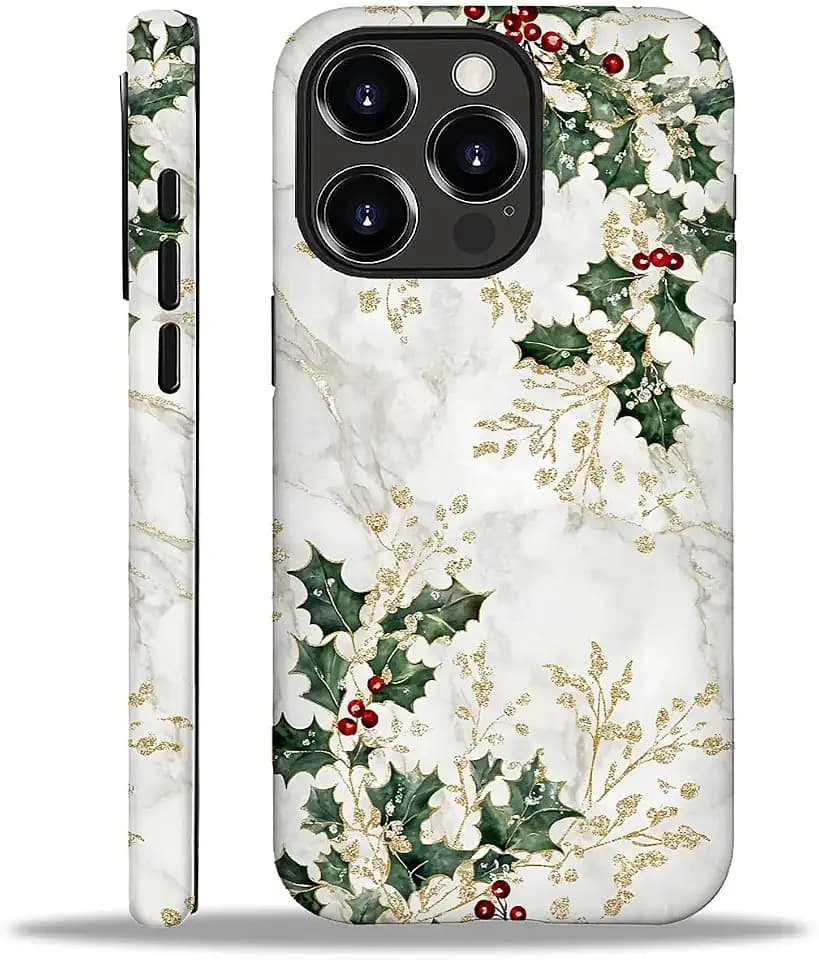 CARLOCA for iPhone 16 Pro Compatible with Magsafe Full Body Protective Glossy Case, for Girl Boy Shockproof Magnetic Charge Esthetics Pattern White Marble Green Holly Leaves Golden Christmas