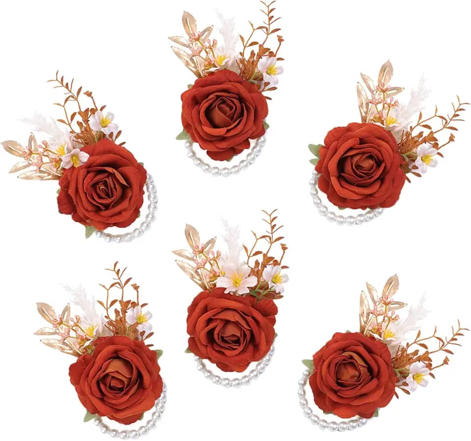6Pcs Orange Velvet Rose Wrist Corsage Wedding Prom Homecoming Bridal