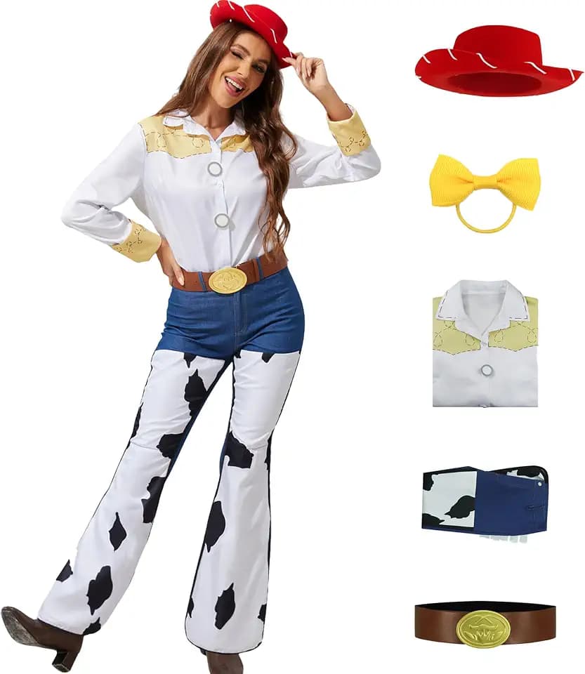 PAINEOMN Jessie Costume Women Toy Cowgirl Story Cosplay Jessie Hat Shirt Jeans Belt Bow Set Cow Print Pants Halloween Outfits 3XL