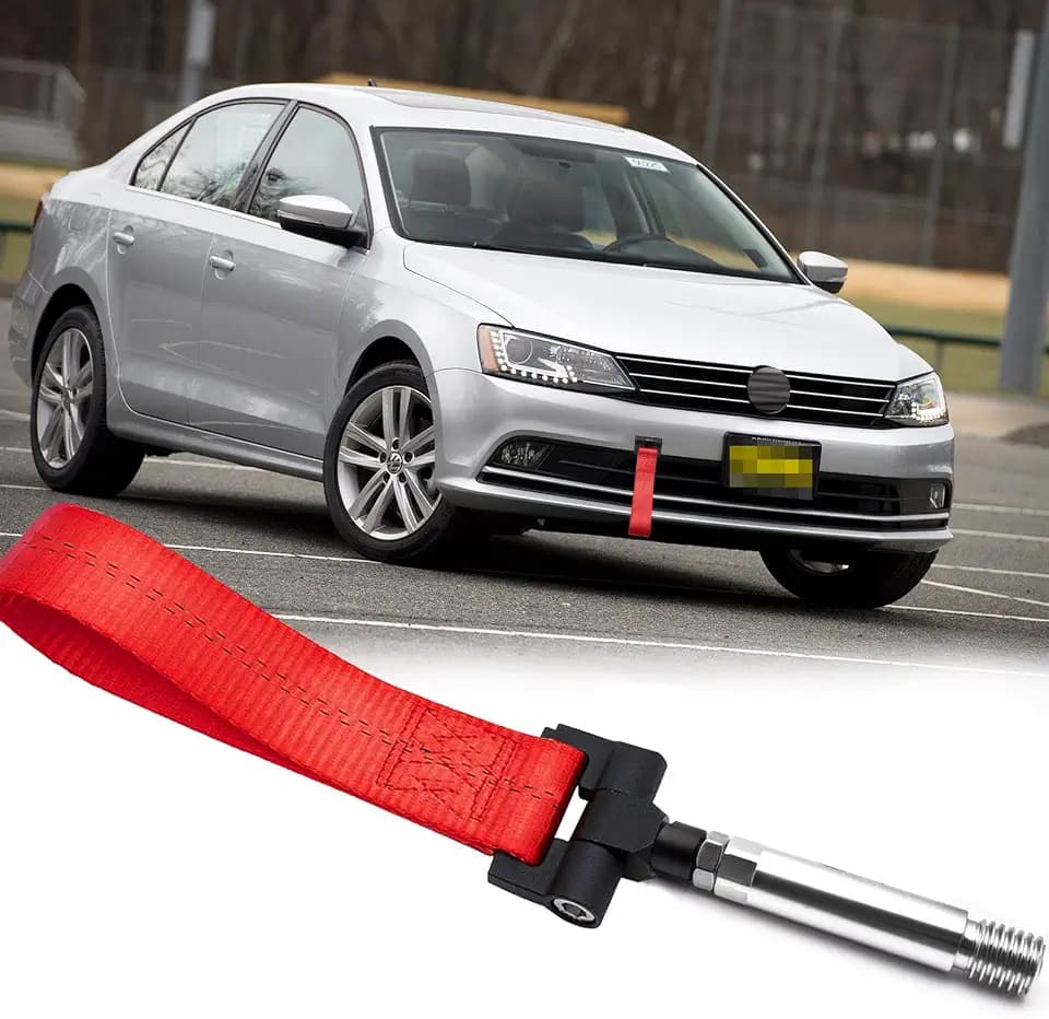 x xotic tech JDM Red Track Racing Style Tow Hook Adapter with Nylon Towing Strap Front Bumper Screw On Compatible with Volkswagen Jetta MK6 2011-2015 2016 2017 2018
