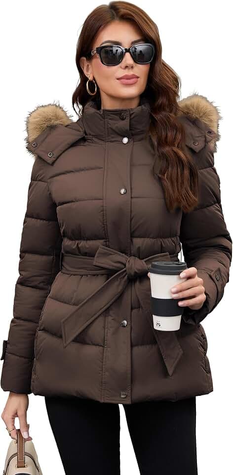 PAPILLON D'OR Damen Mittellanger Puffermantel mit Gürtel, abnehmbarer Kunstfellkragen und Kapuze, Fleecetaschen, Doppelverschluss, Winterjacke