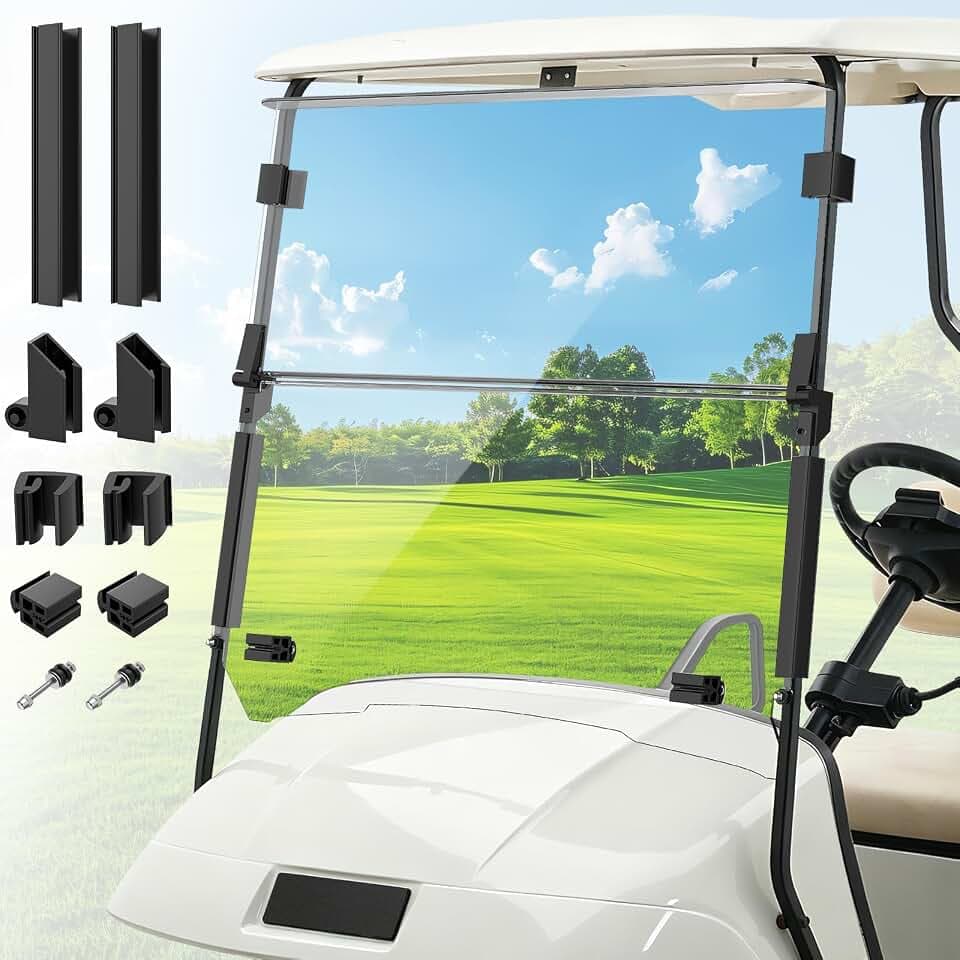 EZGO TXT Windshield, Tinted & Clear Windshield for Golf Cart Suitable for 1995-2013 EZGO TXT/DCS/PDS Golf Cart, PC UV Resistant, TXT Foldable Windshield Replacement with Windshield Clips