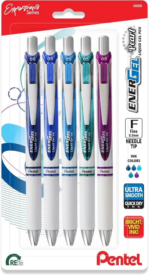 Pentel EnerGel RTX Pearl Liquid Gel Pen, Right Brain Expressions Pack, (0.5mm) Needle Tip, Fine Line, Asstd. Ink, 5-Pk