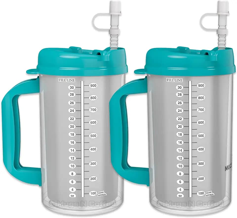 Mugs N Coffee 2-Pack 32 oz Travel Mugs – Teal Hospital Mugs for Cold Drinks – Double Wall Insulated, Large Handle – BPA-Free, Leak-Resistant – Includes Lids and Straws – Made in USA