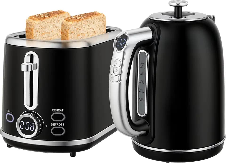 HOMCOM Set aus Wasserkocher und Toaster aus Edelstahl, 2200 W, 2 Scheiben